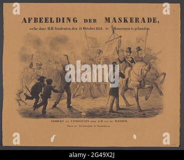 Wrap for series prints of the Groningen Masquerade, 1859; image of Masquerade, qui par H.H. Étudiants, le 13 octobre 1859, à Groningen a eu lieu. Début de la procession avec les commissaires avec des bannières à cheval. Dossier pour la série de trois plaques plus la déclaration de la procession historique à Mascarade avec le sujet de l'établissement européen dans les Indes orientales, intensifiée par les étudiants du Hogeschool van Groningen le 13 octobre 1859. Banque D'Images