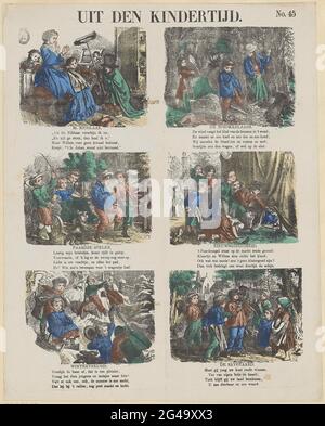 Hors de l'enfance; les imprimés de Meijer. Leaf avec 6 représentations de jeux et d'activités pour enfants, y compris Leaves raken, le cheval jouant et jouant dans la neige. Sous chaque image un titre et un verset de quatre lignes. Numéro en haut à droite : N° 45. Banque D'Images