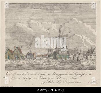 Profitez de l'inondation et de l'émaciation du Lagendijk dans la commune / Koog aan de Zaan, le 5 février à 1825. Les hommes et les femmes placent des sacs de sable pour arrêter l'eau courante que le Lagedijk rince loin. En arrière-plan, nous avons des maisons en bois et un moulin en osier. Banque D'Images