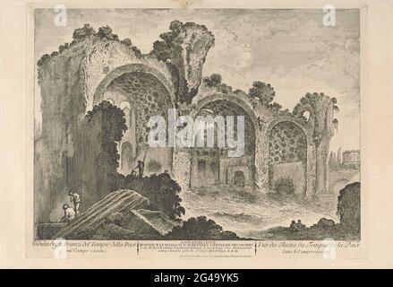 Face à la ruine de la Basilique de Constantine; Veduta Degli Avanzi del Tempio della Pace Nel Campo Vaccino / vue des restaurants du Temple de la paix dans le Campo Vaccino. Vue sur la ruine de la basilique de Constantijn (également connue sous le nom de basilique de Maxentius, dont elle avait autrefois pensé qu'elle était le Tempio della Pace) à Rome. Il y a un certain nombre d'hommes entre les blocs de pierre en face du bâtiment. Banque D'Images