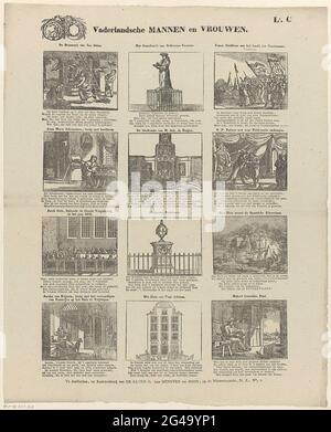 Hommes et femmes patriotiques; tirages publiés par la société: / jusqu'à l'utilité du général. Feuille avec 12 représentations d'activités, maisons ou monuments de célèbres hommes et femmes hollandais, dont Jan Steen, Erasmus et Jacob Cats. Sous chaque image, six lignes fraîches et au-dessus de chaque image, un titre. En haut à gauche le sceau de la société à l'utilité du général. Signature en haut à droite : L. C. Banque D'Images