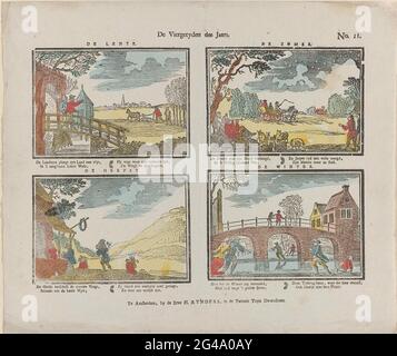 Les quatre ans de l'année. Feuille avec 4 représentations des quatre saisons et activités associées. Sous chaque image, un verset de quatre lignes en deux colonnes. Numéro en haut à droite : N° 11. Banque D'Images