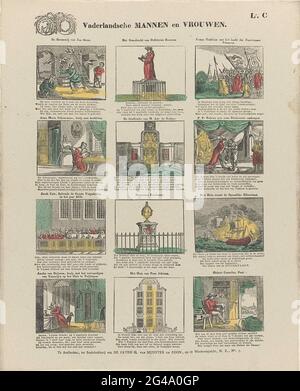 Hommes et femmes patriotiques; tirages publiés par la société: / jusqu'à l'utilité du général. Feuille avec 12 représentations d'activités, maisons ou monuments de célèbres hommes et femmes hollandais, dont Jan Steen, Erasmus et Jacob Cats. Sous chaque image, six lignes fraîches et au-dessus de chaque image, un titre. En haut à gauche le sceau de la société à l'utilité du général. Signature en haut à droite : L. C. Banque D'Images