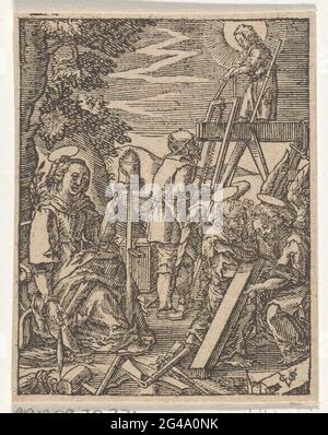 Christind aide Joseph Saw; Jeunesse du Christ; de Kindsheyd Onses Heeren Iesu Christi. Avec son père Jozef, l'enfant du Christ. Deux anges au premier plan soulevant une barre. Maria est le fil de filature. Banque D'Images