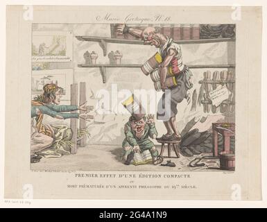 L'homme dépose un livre sur la tête de son enfant; Premier effet d'une audition Compact ou Morte prématurée d'un apprenti Philosoche du 19me siècle; caricatures; Musée grotesque. Dans un cordonnier il y a un enfant dans des vêtements portés sur le sol pour lire dans le "Catéchisme Philoshique", à côté de lui son père est sur un tabouret. Il est occupé à obtenir les parties lourdes d'un 'dictionnaire Philophique' d'une étagère, si l'une des parties tombe sur la tête du garçon. Gauche sa mère étire ses bras, derrière ses deux gravures accrochent sur le mur. Banque D'Images