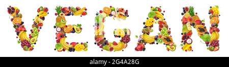 Mot VEGAN faites de différents fruits et baies Banque D'Images