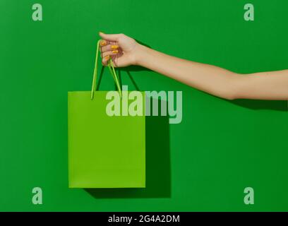 Les femmes tiennent leur sac à provisions sur fond vert. Concept de vente au détail Banque D'Images