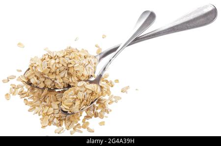 Flocons d'avoine dans spoon isolé sur fond blanc Banque D'Images