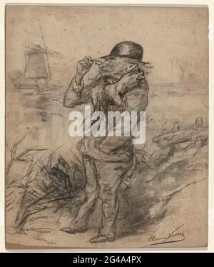 Portrait de caricature du peintre Paul Gabriel. Portrait caricatural du peintre Paul Gabriel ('Paul Joseph Constantin') (1828-1903), cherche un motif dans un paysage avec moulin et eau. Banque D'Images