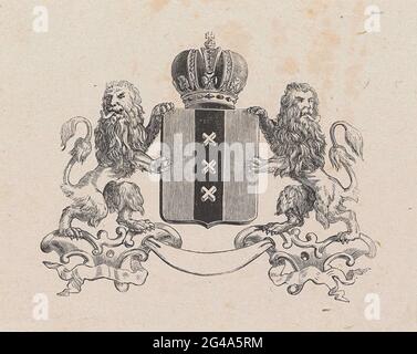 Vignet aux armoiries de la ville d'Amsterdam. Les armoiries de la ville d'Amsterdam avec une couronne, deux lions et trois croix d'Andrew. Banque D'Images