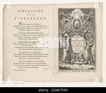 Waldenzen avec le buisson et le lis de blackberry brûlant; Histoire des chrétiens que l'on appelle dans le commun Waldenen. Histoire de Waldenen; page de titre pour: La martre Schagen, Histoire des chrétiens que l'on appelle la commune Waldenen, 1732. Un médaillon avec bougie allumée est tenu par deux putti. Cela inclut deux cartounts Waldzen avec le buisson en feu de blackberry et un nénuphar. Entre eux dans une drapery avec le titre. En arrière-plan, trois clergymen autour d'une enclume. Sur la gauche de l'énoncé de l'impression. Banque D'Images