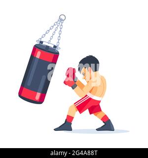 Boxe. Concept de sport pour enfants. Boxeur sportif garçon combattant dans des gants en salle de sport. Illustration vectorielle de dessin animé isolée sur fond blanc Illustration de Vecteur