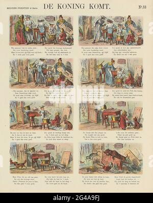 Le roi vient, les imprimés de Meijer. Leaf avec 8 représentations de l'histoire intitulée: 'Le roi vient.' Toutes les personnes dans la boulangerie partent un par un pour aller à l'arrivée du roi. Sous chaque image une légende. Numéro en haut à droite : N° 88. Banque D'Images