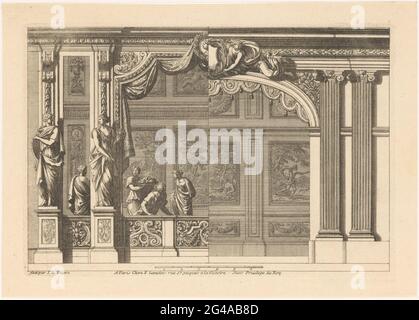 Alcôve avec variante pour la moitié droite; Alcofen à la Françoise. L'alcôve de gauche est fermée par une balustrade décorée de radeau à feuilles et de deux sculptures. Le côté droit est une variante avec deux pilastres ioniques. Banque D'Images