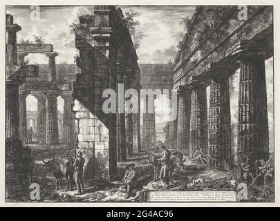 Temple de Neptune à Paestum; vues différentes sur les vestiges de trois grands bâtiments qui se trouvent encore à paestum; Différentes Vues de Quelques restaurants de trois grandes Edifes qui offrent encore la danse l'ancienne ville de Pesto. Vue sur les vestiges du Temple de Neptune à Paestum. Liste explicative des lettres sur le bandérole en bas à droite. Numéro en haut à gauche : tablette XIII Banque D'Images