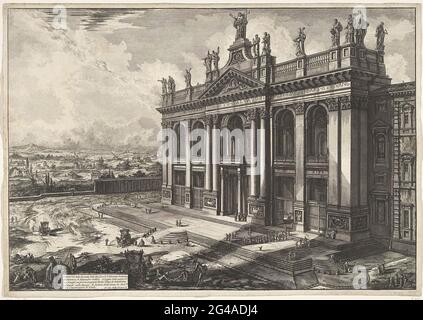 Sint-Jan du peuple Latran de Rome; Veduta della Facciata della Basilica di S. Giovanni Latran (...); visages sur Rome; Vedute di Roma Disegnate Ed Incise da Giambattista Piranesi Architeto ve (nez) Iano. Vue sur la façade du peuple Saint-Jean de Latran à Rome. Titre et liste explicative des lettres en bas à gauche. Banque D'Images