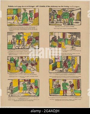 Fridolin ou le page du Roi le Portugal / Fridolin ou le Nokelnep van den Roi de Portugael. Leaf avec 12 représentations de l'histoire de Fridolin, accusé par Robert Vals. Le roi du Portugal recommande à de première personne de se jeter dans le four, et lui envoie Fridolin. Mais cela s'échappe parce qu'il se trompe d'abord. Robert subit le lot de Fridolins. Sous chaque image une légende en néerlandais et en français. Numéroté au milieu ci-dessus: N 67. Banque D'Images