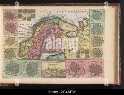 Carte de Suède; carte de Suède / Royaume de Suède. Carte du Royaume de Suède, de chaque côté plans de douze étages des villes fortifiées et vue à Stockholm. Également avec la Norvège et la Finlande actuelle. Partie d'un atlas avec 223 cartes de pays et de villes et échafaudages de guerre en Europe dans la période d'environ 1690-1735. Banque D'Images