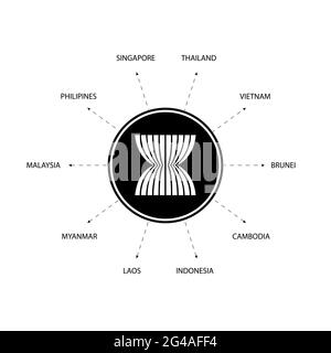 Pays en développement membres en Asie du Sud-Est avec emblème noir et blanc isolé sur fond blanc Banque D'Images