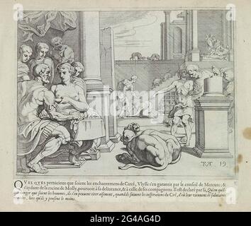 Odysseus dans le Palais Circe; les travaux d'Ulysse; Odysseus travaille. Odysseus dans le Palais Circe. À droite, Mercury offre à Odysseus une herbe qui agit comme antidote contre la Mastrank de Circe. Odysseus le mange et va à Circe. Là, les hommes d'Odysseus ont changé dans les animaux et le sanglier parce qu'ils ont bu de la boisson magique. Sur la gauche au premier plan, Circe donne la boisson magique à Odysseus. La boisson n'a aucun effet sur lui et il lui demande de donner la forme humaine de son homme. CIRCE accorde cette demande, mais demande à Odysseus de se coucher d'abord avec elle. Cela se produit dans le ri supérieur Banque D'Images