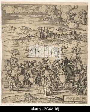 Conversion de Paul. Plaque gauche. Les soldats romains se combattent à l'extérieur de la ville de Damas. Les chevaux paniquent. Paul est au milieu de l'impression et est guidé par ses compagnons de la ville (actes 9: 8). Actuellement au sommet, Christ apparaît des nuages avec deux anges. Deux bandéroles à côté de Christ citations 9: 4-5. Un bandérole central en bas cite plus loin des actes 9. Banque D'Images