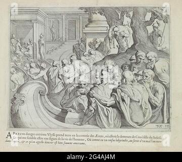 Odysseus arrivent sur l'île de Circe; les travaux d'Ulysse; Odysseus travaille. Odysseus et ses hommes arrivent sur l'île de Circe. En arrière-plan son palais. L'impression fait partie d'un album. Banque D'Images