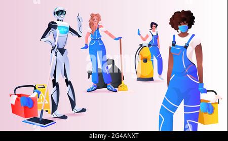 robot concierge avec mix race femmes nettoyeurs debout ensemble service de nettoyage technologie de l'intelligence artificielle Illustration de Vecteur