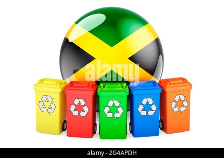 Recyclage des déchets en Jamaïque. Bacs de recyclage colorés avec drapeau jamaïcain, rendu 3D isolé sur fond blanc Banque D'Images