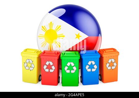 Recyclage des déchets aux Philippines. Bacs de recyclage colorés avec drapeau philippin, rendu 3D isolé sur fond blanc Banque D'Images