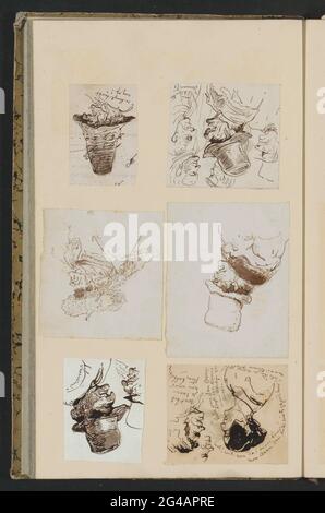 Têtes de caricaturales. Six croquis slined avec caricatures d'hommes et de femmes. Probablement Tavenraat a envoyé ceci à Canta. Études de la tête des hommes également sur le côté verso des esquisses en haut à gauche et en bas à gauche. Leaf 42 Verso d'un carnet de croquis et d'un album de 59 feuilles. Banque D'Images