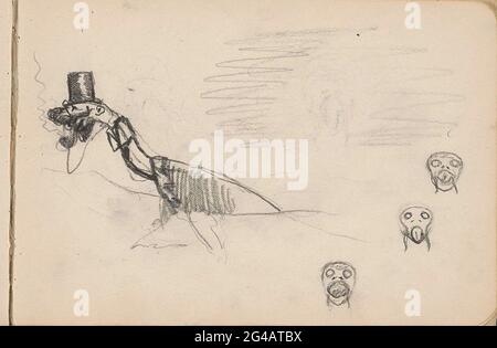 Oiseau aquatique fantastique avec un chapeau et un noeud autour du cou. Aussi trois études de la tête d'un animal de fantaisie. Feuille 16 Recto à partir d'un carnet d'esquisses avec 35 feuilles. Banque D'Images