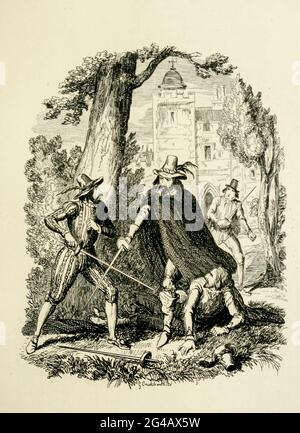 Guy Fawkes protéger Humphrey Chetham de Catesby du livre ' Guy Fawkes; ou, la trahison de la poudre à canon. Une romance historique de William Harrison Ainsworth, avec des illustrations sur l'acier de George Cruikshank. Publié à Londres, par George Routledge and Sons, limité en 1841. Guy Fawkes (13 avril 1570 – 31 janvier 1606), également connu sous le nom de Guido Fawkes dans les combats pour les Espagnols, était membre d'un groupe de catholiques anglophones de la province qui a participé à l'échec de Gunpoudreuse Plot de 1605. Il est né et instruit à York; son père est mort quand Fawkes avait huit ans, après quoi son papillon Banque D'Images