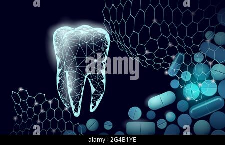 Capsule de médicament à faible dent poly concept médical. Blanchiment de la reconstruction de l'émail soins de santé. Illustration vectorielle de la procédure de dentisterie saine polygonale Illustration de Vecteur