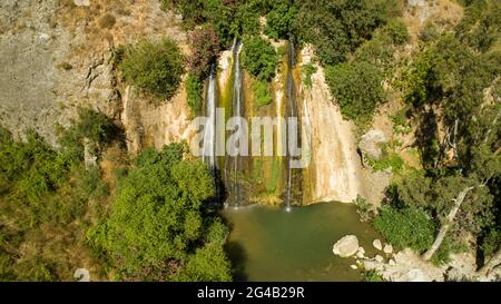 Photographie aérienne du ruisseau Banias (rivière Banias ou rivière Hermon) plateau du Golan, Israël Banque D'Images