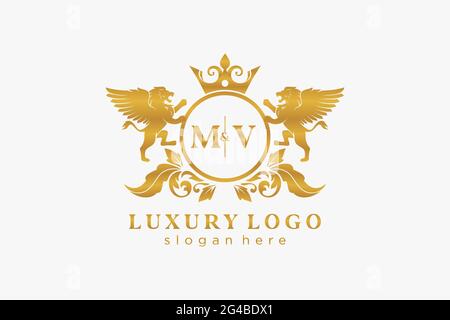 Modèle de logo MV Letter Lion Royal Luxury dans les illustrations vectorielles pour les restaurants, les royalties, les boutiques, les cafés, les hôtels, Héraldique, bijoux, mode et autre vecteur il Illustration de Vecteur