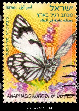 ISRAEL-Circa 2012: Timbre-poste imprimé en Israël. Montre papillon Anaphaeis Aurota vivant en Israël et en Afrique. C'est un genre de papillon dans le f Banque D'Images