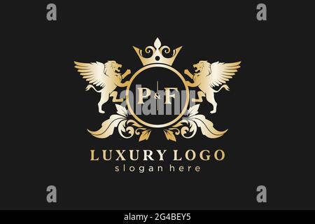 Modèle de logo PF Letter Lion Royal Luxury dans les illustrations vectorielles pour les restaurants, les royalties, les boutiques, les cafés, les hôtels, Héraldique, bijoux, mode et autre vecteur il Illustration de Vecteur