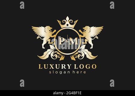 Modèle de logo de luxe Royal Lion lettre PM en illustrations vectorielles pour les restaurants, les royalties, les boutiques, les cafés, les hôtels, Héraldique, bijoux, mode et autre vecteur il Illustration de Vecteur