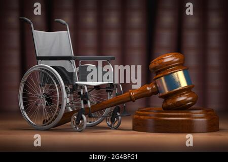 Notion de droit des personnes handicapées et de services sociaux pour les personnes handicapées. Fauteuil roulant et chambre. illustration 3d Banque D'Images