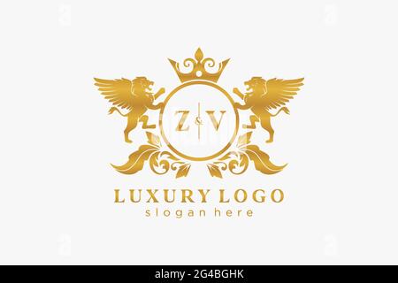 Modèle de logo de luxe ZV Letter Lion Royal dans une illustration vectorielle pour les restaurants, les Royalty, les boutiques, les cafés, les hôtels, Héraldique, bijoux, mode et autre vecteur il Illustration de Vecteur