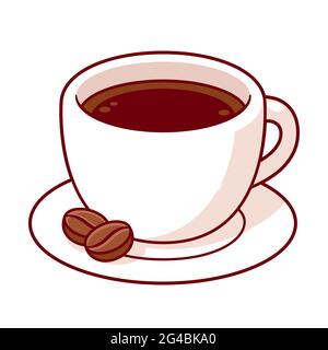 Tasse de café avec grains de café, joli dessin animé. Illustration de clip art vectoriel isolée. Illustration de Vecteur