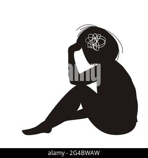 Concept de santé mentale. Triste silhouette de womans avec dépression assis sur le sol. Illustration vectorielle colorée de style dessin animé plat Illustration de Vecteur
