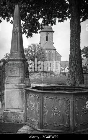 Lauffen am Neckar, Bade-Wurtemberg, Allemagne: Fontaine historique avec obélisque dans la cour du Grafenburg médiéval et de l'hôtel de ville d'aujourd'hui. Banque D'Images