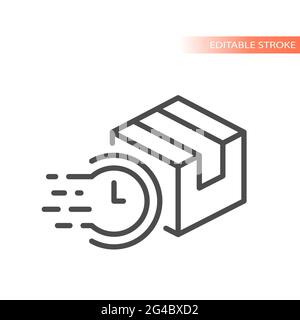 Boîte de livraison rapide avec horloge, icône d'heure de marche. Symbole de contour de parcelle, contour modifiable. Illustration de Vecteur