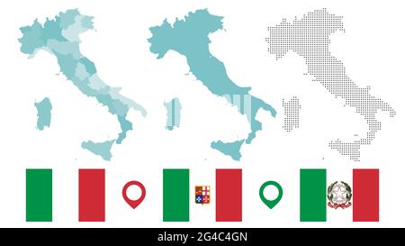 Carte vectorielle de l'Italie avec drapeaux, carte de l'Italie avec régions et points, drapeau italien, drapeau italien avec républiques maritimes, drapeau italien Illustration de Vecteur