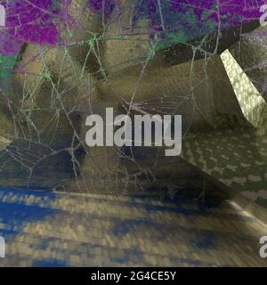 Un arrière-plan abstrait en verre 3d fissuré et en forme de bloc doré grunge. Banque D'Images