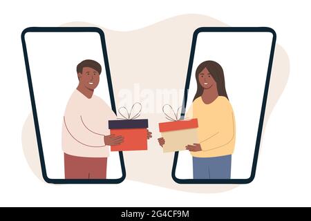 des gens heureux. Offrez-vous des cadeaux. Une femme donne un cadeau à un homme. Le gars donne un cadeau à la fille par téléphone. Surprise de vacances. Célébration de Noël Illustration de Vecteur