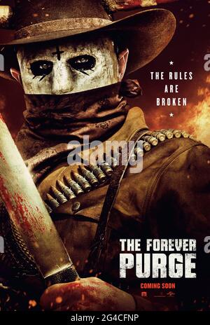 The Forever Purge (2021) dirigé par Everardo Gout et mettant en vedette Ana de la Reguera, Tenoch Huerta et Josh Lucas. Toutes les règles sont enfreindre car une secte de maraudeurs sans loi décide que la purge annuelle ne s'arrête pas à l'aube et ne devrait pas cesser Banque D'Images