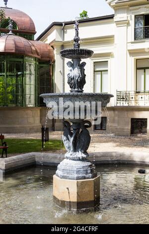 Fontaine et piscine dans le jardin de la villa Lenck, construite en 1890, Sopron, Hongrie Banque D'Images