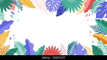 Hello Summer concept design, panorama d'été, illustration abstraite avec feuilles exotiques de jungle, design coloré, fond d'été et bannière Illustration de Vecteur